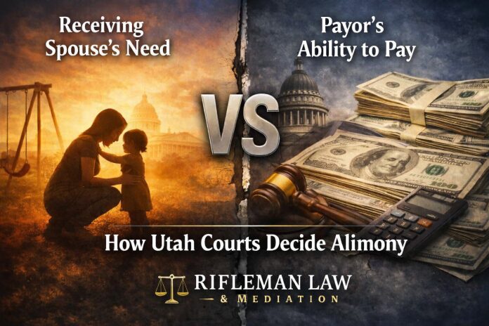 Split-screen graphic illustrating how Utah courts decide alimony, showing receiving spouse’s financial need on one side and payor’s ability to pay on the other, used by a Utah divorce and alimony attorney serving Saratoga Springs, Eagle Mountain, Lehi, Bluffdale, and American Fork.