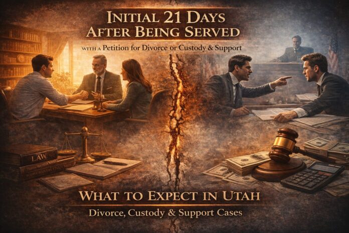 Dramatic split-image illustration showing mediation on one side and heated courtroom litigation on the other, titled “Initial 21 Days After Being Served,” highlighting what to expect in a Utah divorce, custody, and child support case.