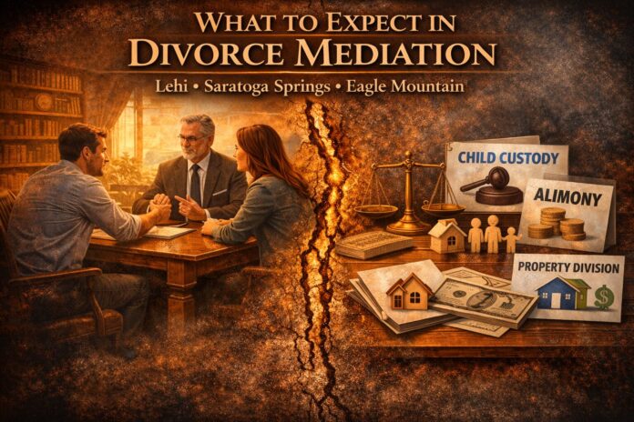 Divorce mediation session in Utah resolving child custody, parenting plan, child support, alimony, and property division in Lehi, Saratoga Springs, and Eagle Mountain