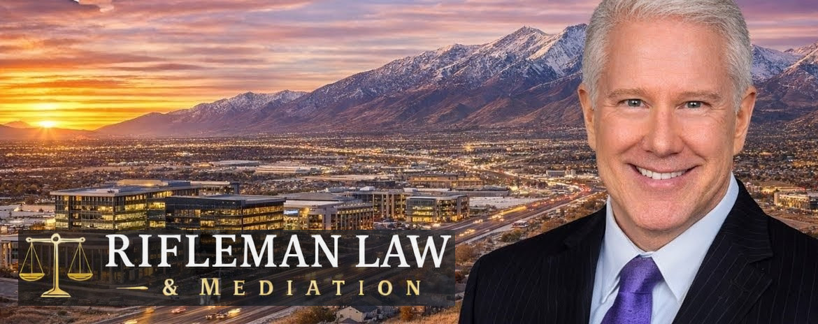 Rifleman Law & Mediation – Jeff D. Rifleman, Utah family law attorney and mediator serving Saratoga Springs, Eagle Mountain, Lehi, American Fork, Bluffdale, and Utah County, with Wasatch Mountains sunset skyline background