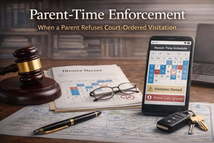 Parent-time enforcement in Utah showing divorce decree, calendar with missed visitation dates, and smartphone alert for denied parent-time in Saratoga Springs custody case