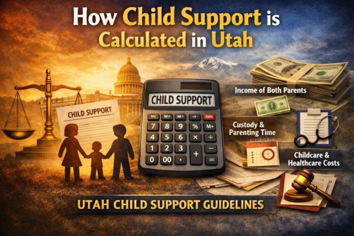Illustration explaining how child support is calculated in Utah showing a calculator labeled child support, scales of justice, a family silhouette, and icons representing income, custody, childcare, and legal guidelines.