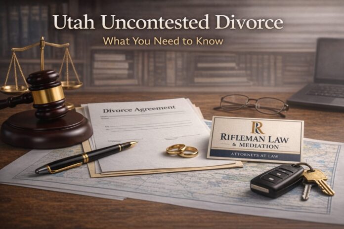 Utah uncontested divorce agreement with wedding rings, legal documents, and gavel on desk